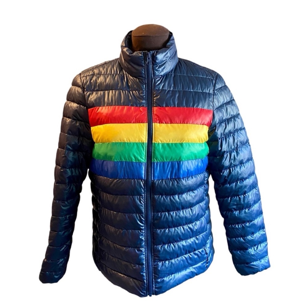 Primary Rainbow Bright Stripe Lightweight Puffer Navy Jacket, Womens size Medium - Picture 1 of 11